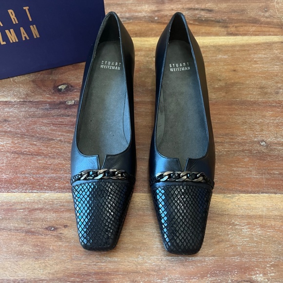 Stuart Weitzman Captiva block heels in Black Nappa Black Serpentine - Picture 2 of 5